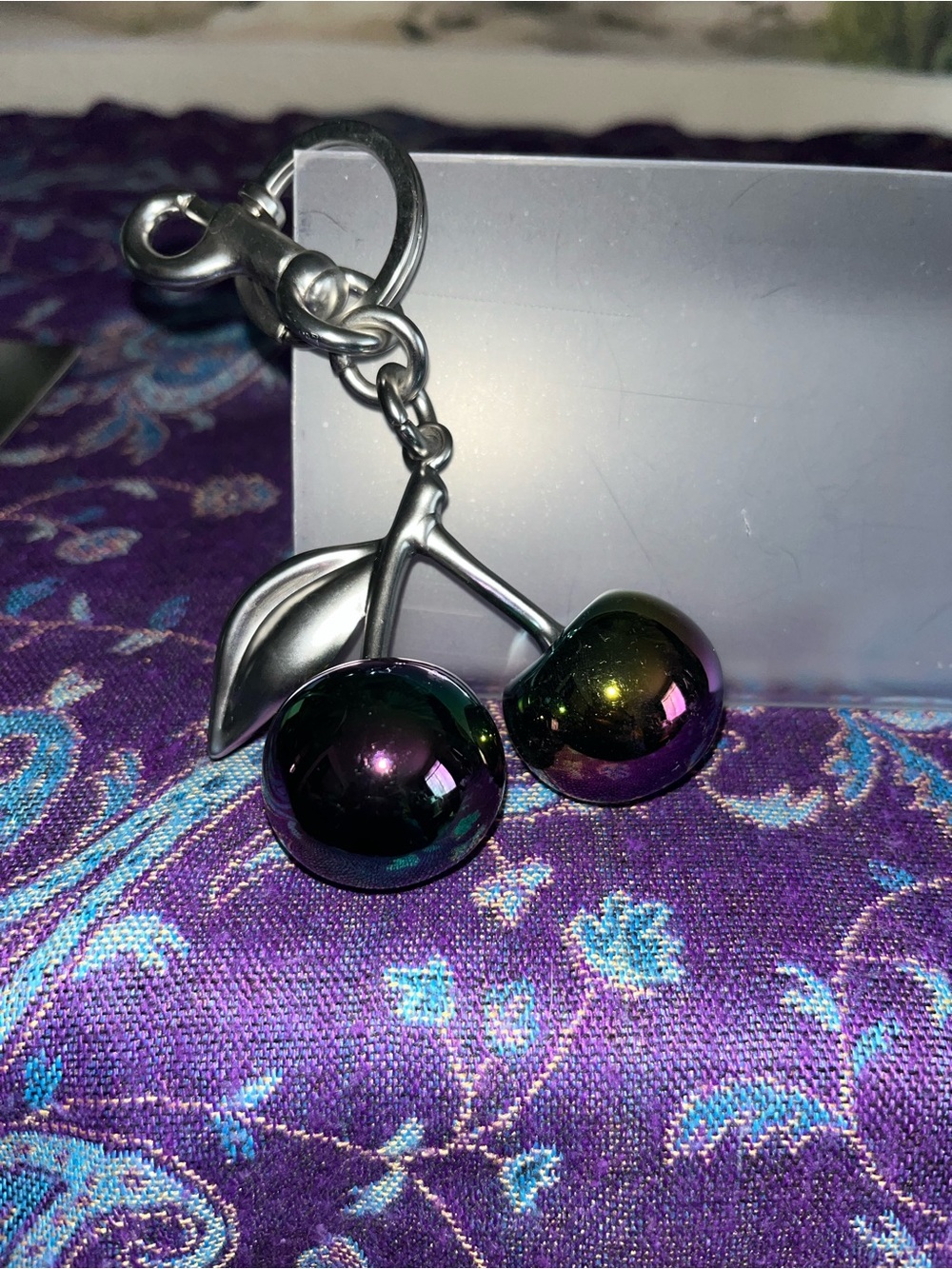 Iridescent Cherry Silver tone Keychain Charm - Multi-Color